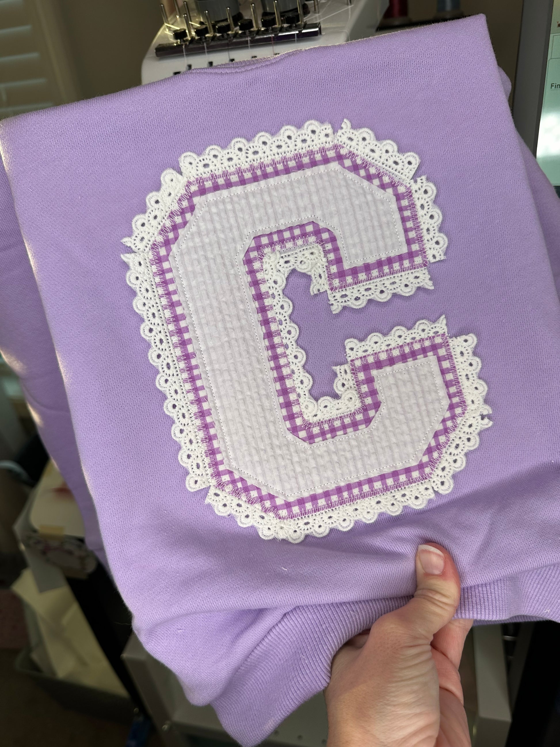 Custom lace varsity letter embroidered sweatshirt with personalized initials and gingham fabric applique