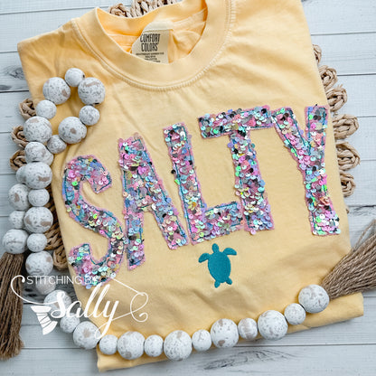 SALTY Sequin Appliqué Tee Shirt | Summer Beach Sequin Shirt