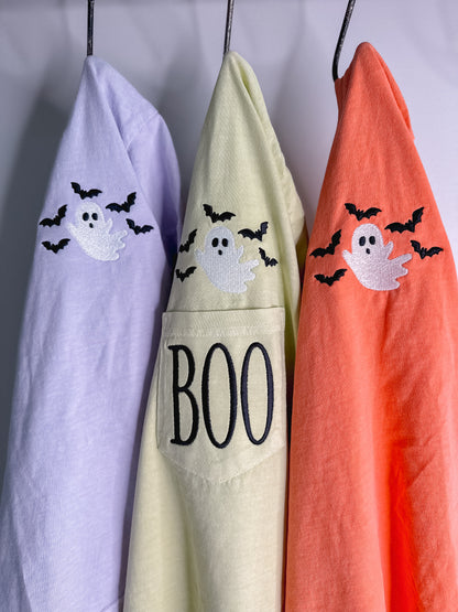 BOO Embroidered Pocket Tee – Embroidered Ghost with Bats