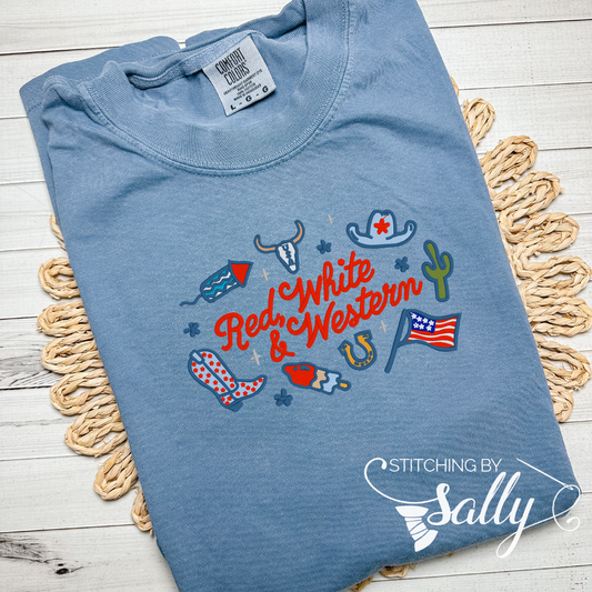 Red, White and Western Embroidered Shirt – Comfort Colors – Country Rodeo Style