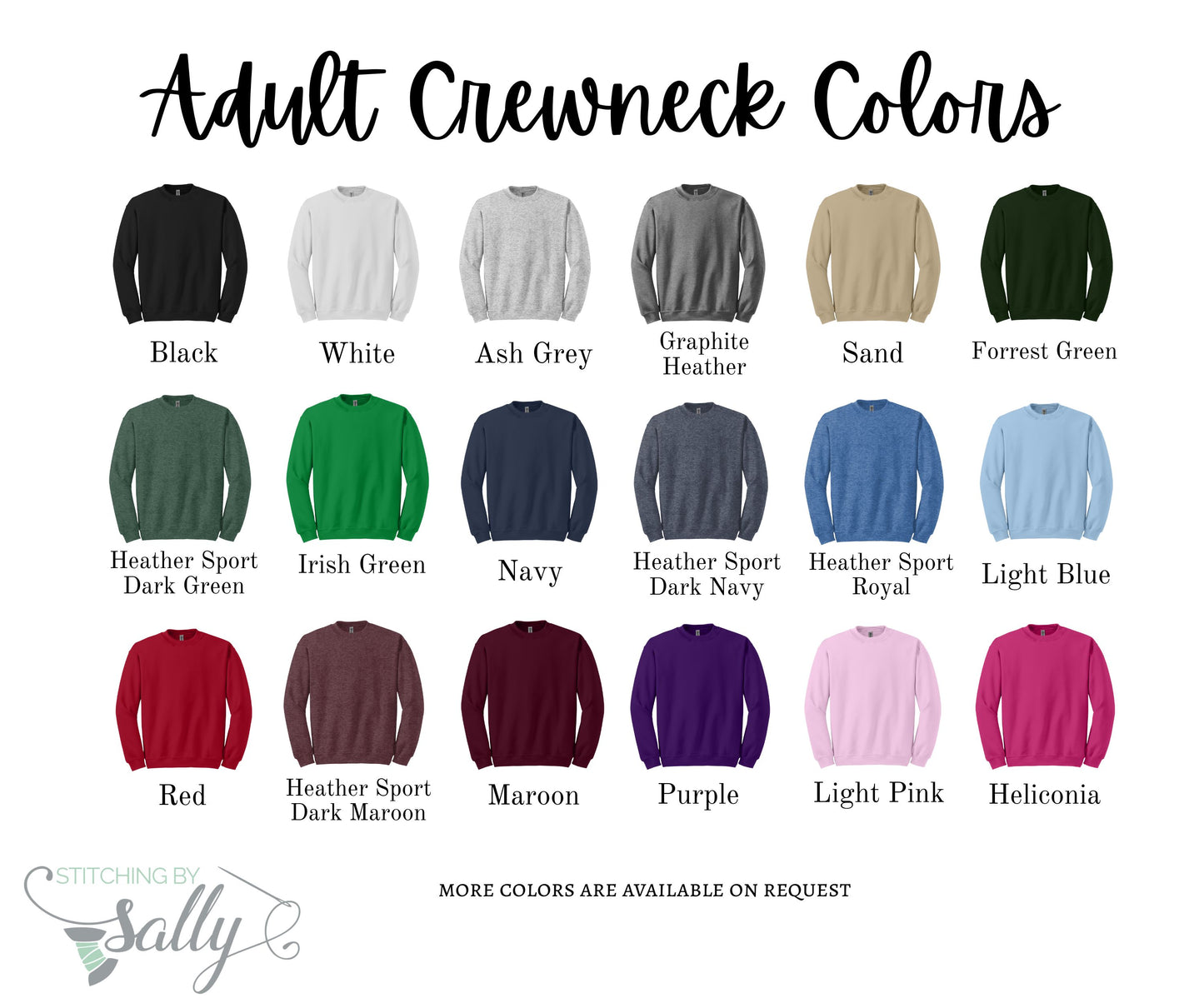 Chart displaying various colors of adult crewneck sweaters with Stitching by Sally logo.