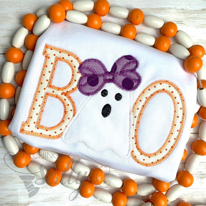 Front view of girls Halloween shirt with BOO appliqué and ghost with bow