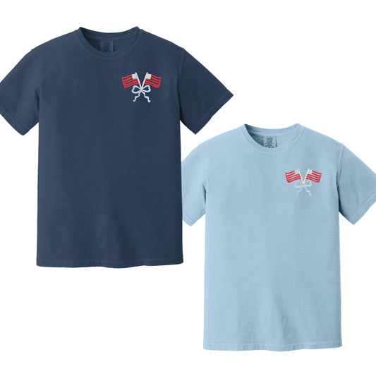 Embroidered Double Flag Bow Comfort Colors Patriotic Tee