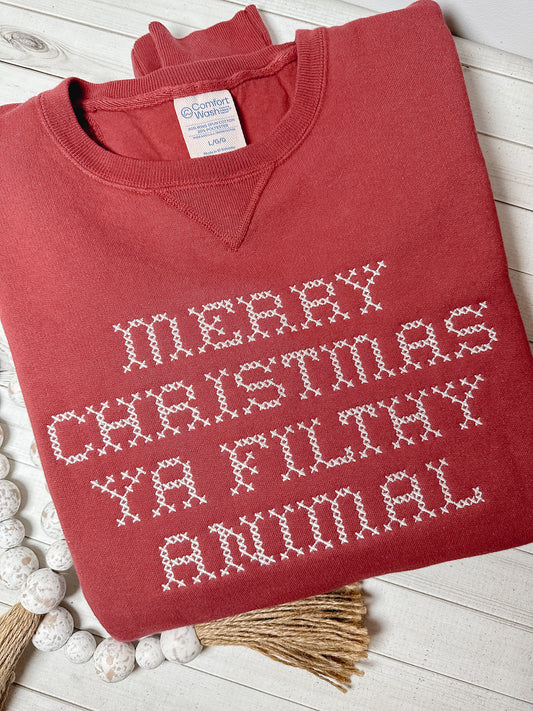 Merry Christmas Ya Filthy Animal Embroidered Sweatshirt 