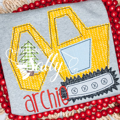 Excavator Applique design on a grey shirt for boys.