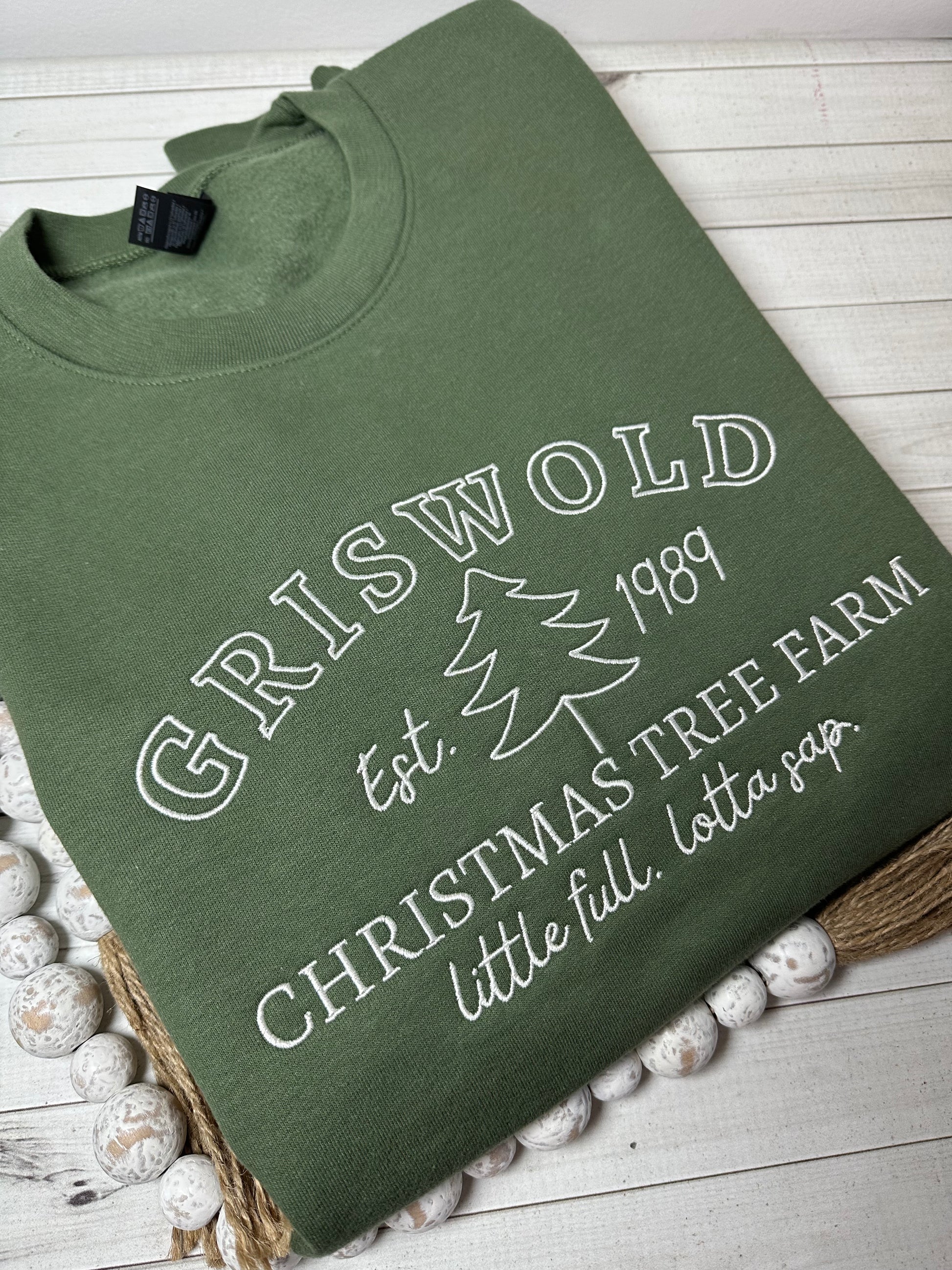 Griswold Christmas Tree Farm embroidered army green sweatshirt
