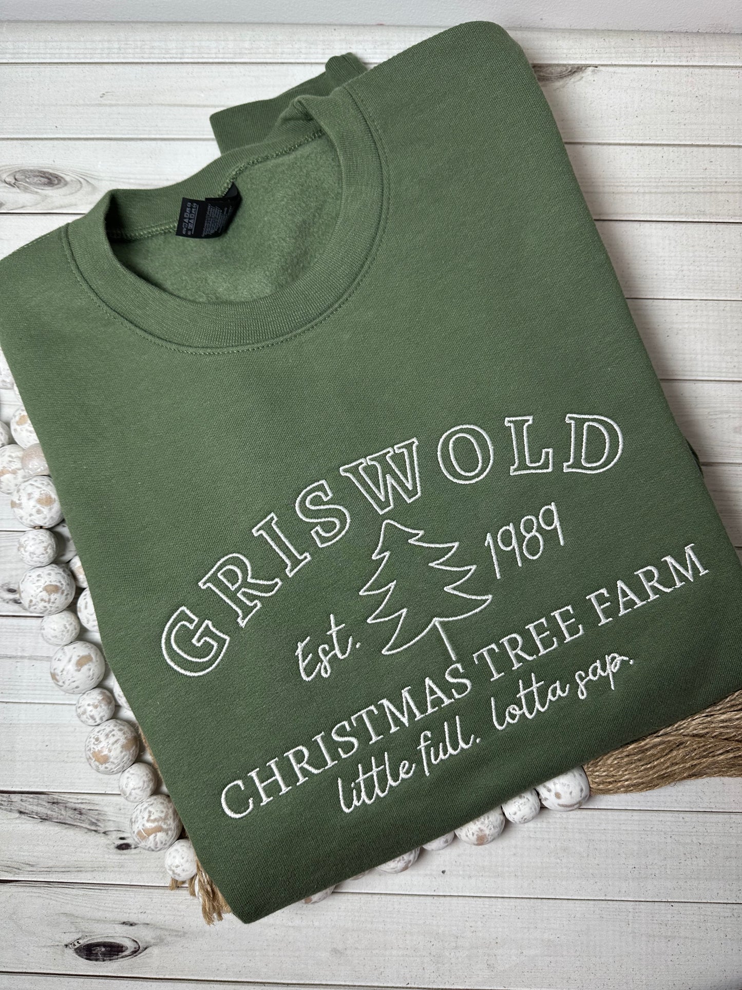 Army green Gildan crewneck with Christmas tree farm embroidery