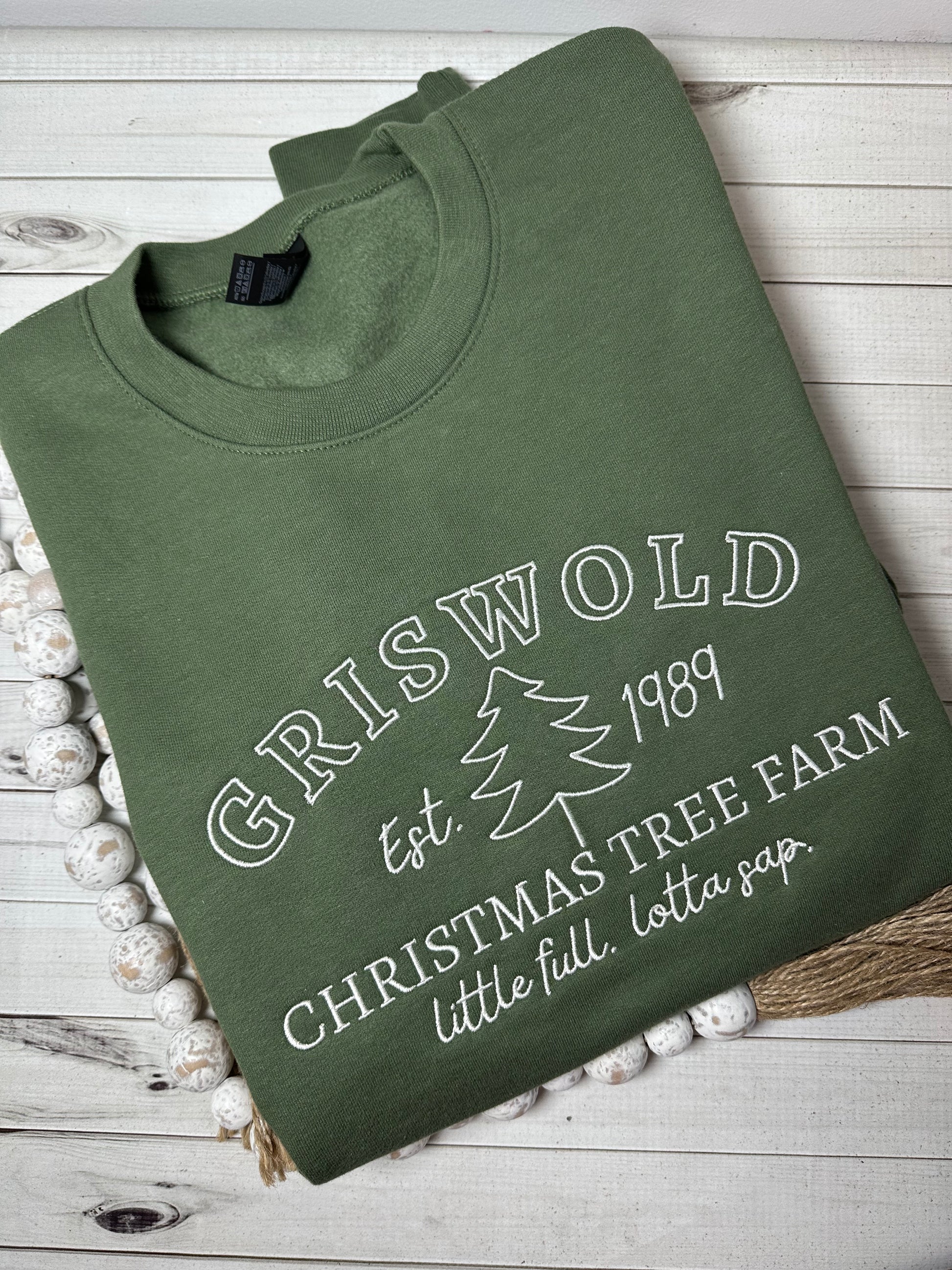 Army green Gildan crewneck with Christmas tree farm embroidery