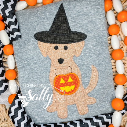 Brown dog holding a treat bag with a witch hat on. Appliquéd