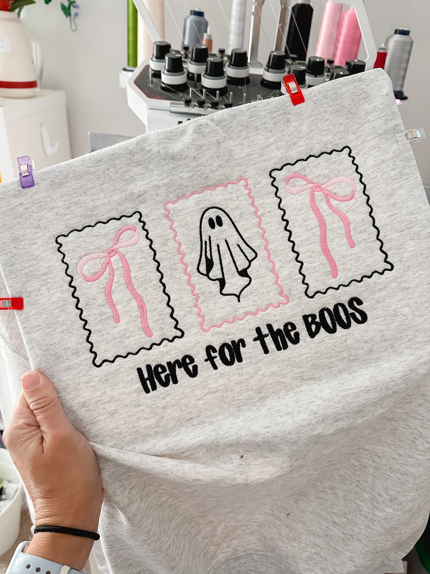 Here for the Boos embroidered sweatshirt with pink bows and ghost design