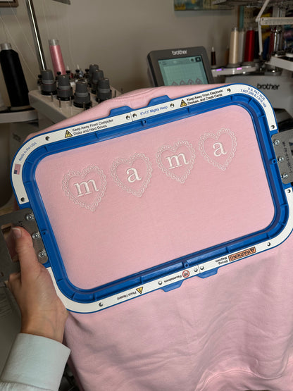 Light pink sweatshirt with mama embroidered with scalloped heart outline