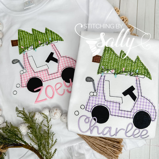 Two embroidered shirts with golf cart designs and personalized names on a white background.