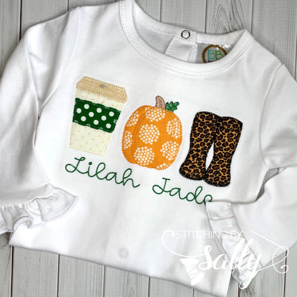 Front view of girls' fall trio shirt with latte, pumpkin, and leopard boots