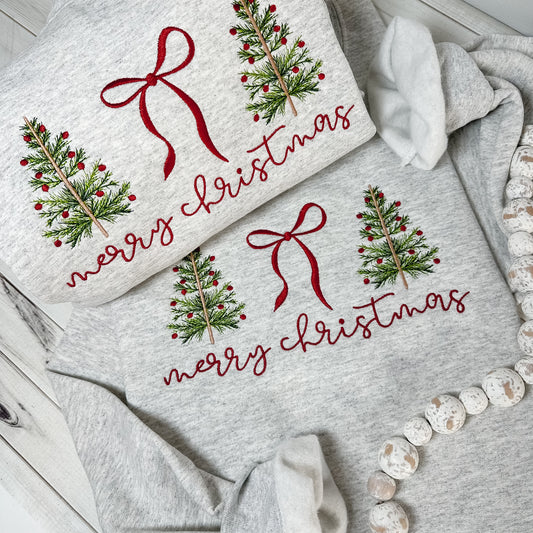 Merry Christmas sweatshirt features the sweetest stitched trees + bow design.