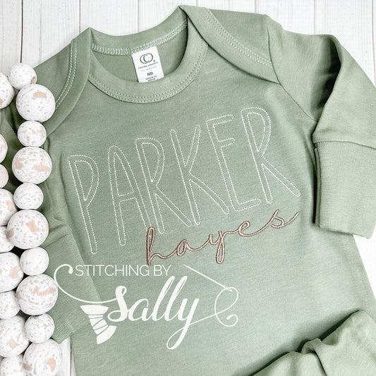 Sage green baby knot gown with embroidered name
