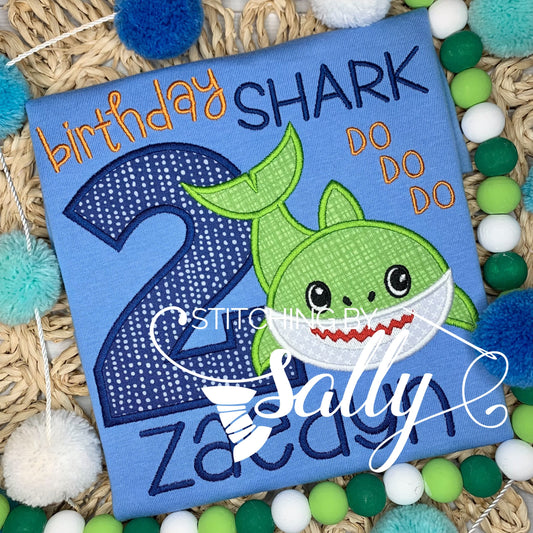 Shark Birthday Appliqué Shirt with custom embroidered shark design, perfect for ocean and beach-themed birthday parties.