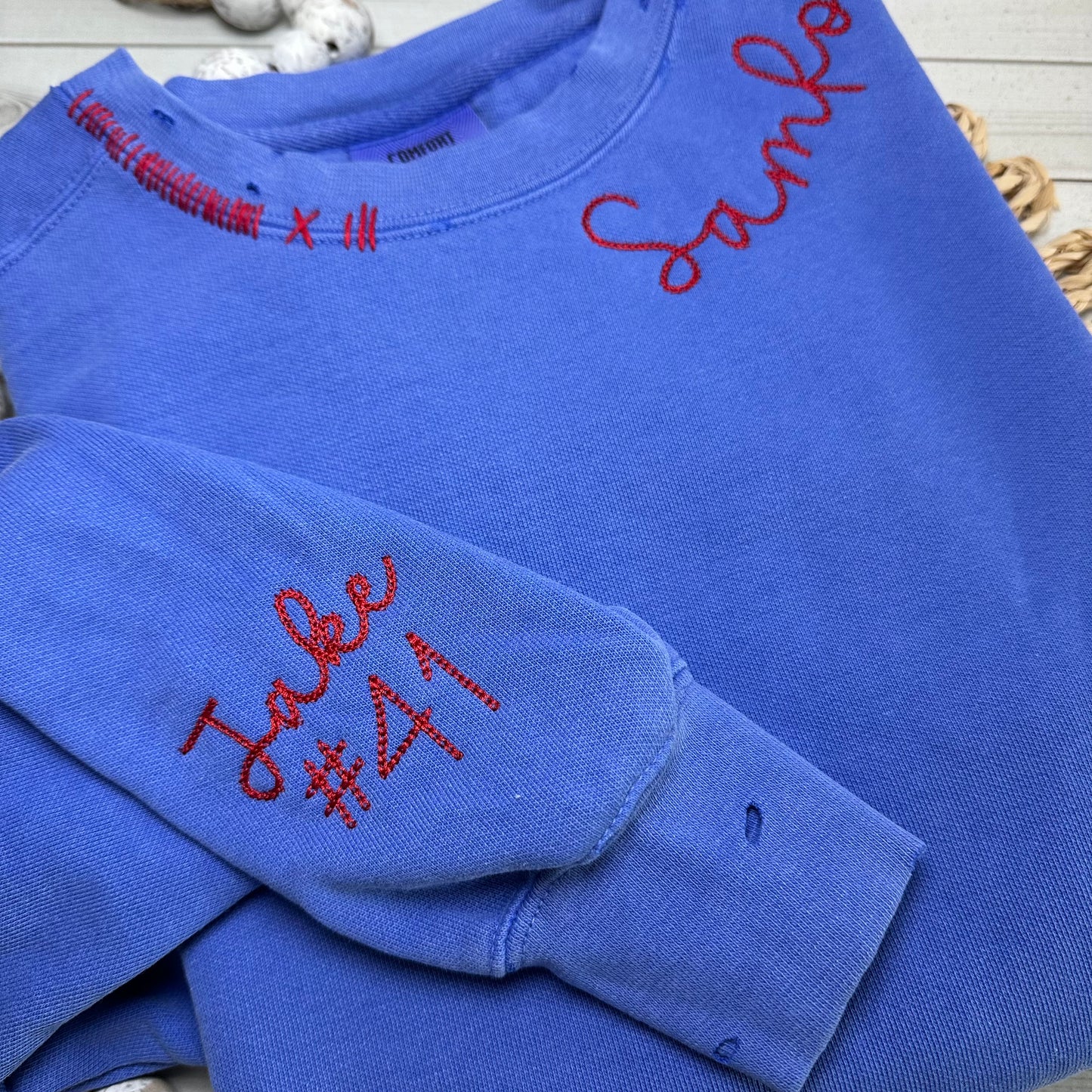 Close up of number embroidered on sleeve. 