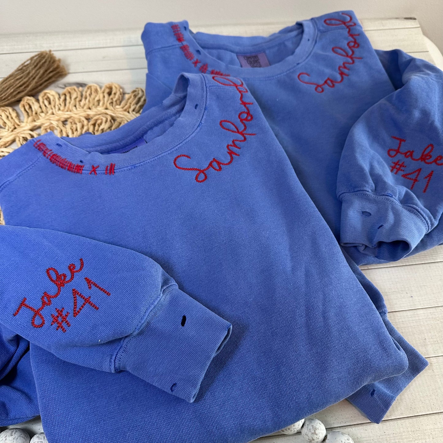 Custom embroidered Comfort Colors sweatshirt with distressed design