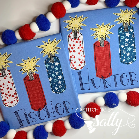Custom boys' fireworks appliqué shirt in red, white, and blue, perfect for 4th of July celebrations