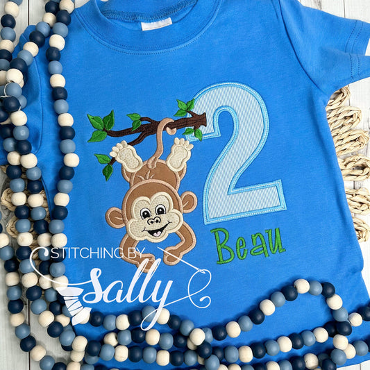 Two Wild Monkey Appliqué Birthday Shirt with embroidered monkey design, perfect for a jungle or safari-themed second birthday celebration.