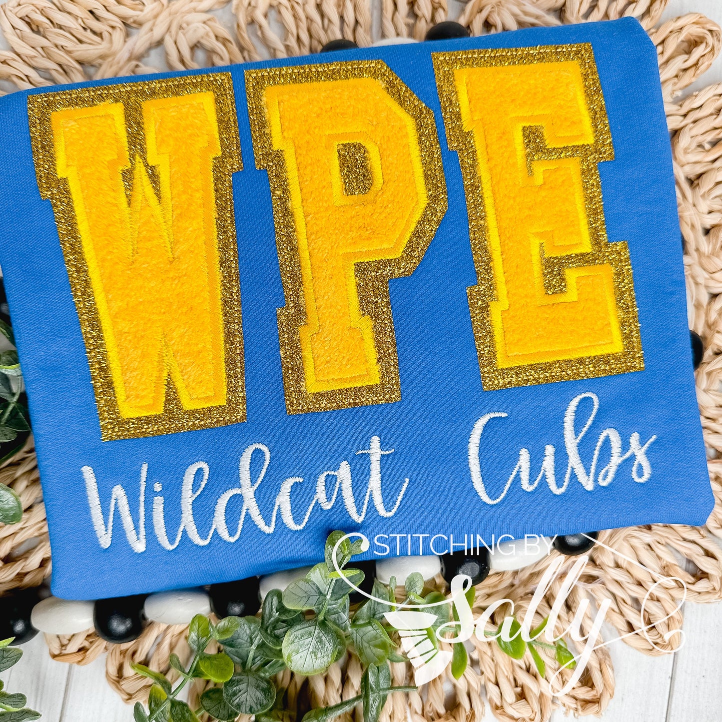 Youth varsity faux chenille school spirit sweatshirt with mascot embroidery