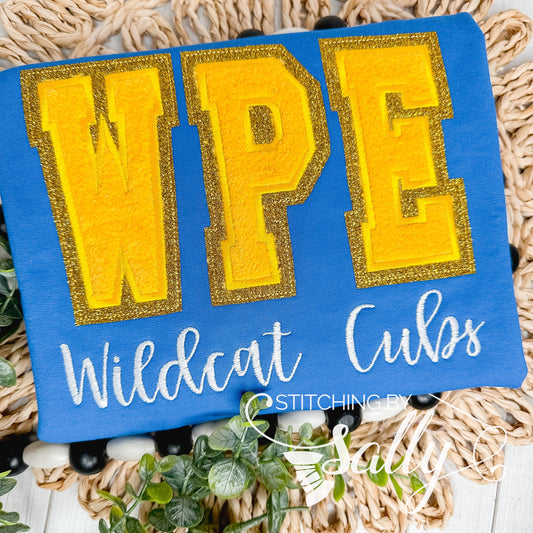 Youth varsity faux chenille school spirit sweatshirt with mascot embroidery