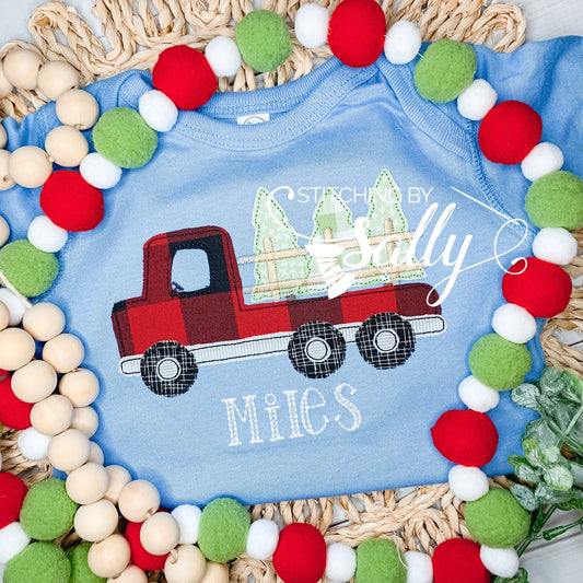 Flatbed Truck with Christmas Trees Appliqué Shirt for Boys – Holiday Kids Shirt 