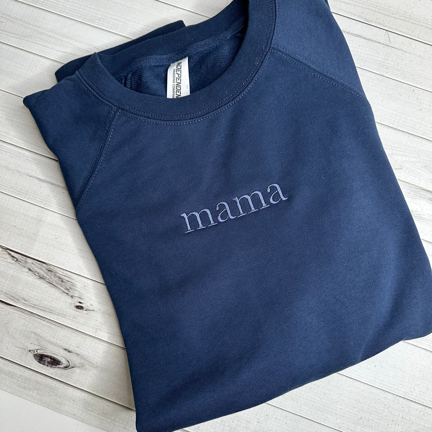simple mama embroidered on blue crewneck