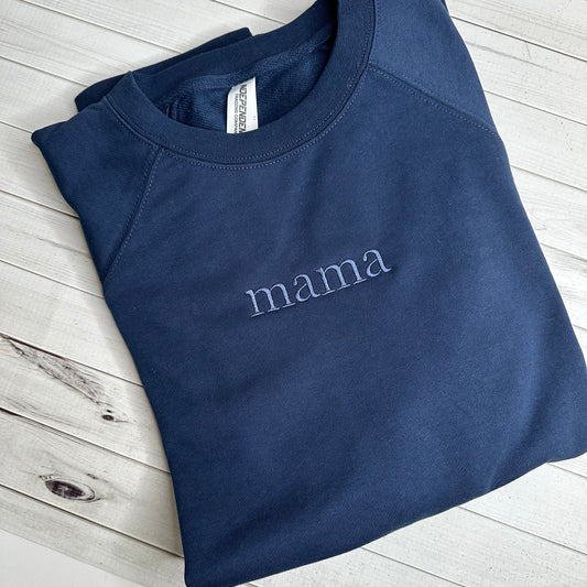 simple mama embroidered on blue crewneck